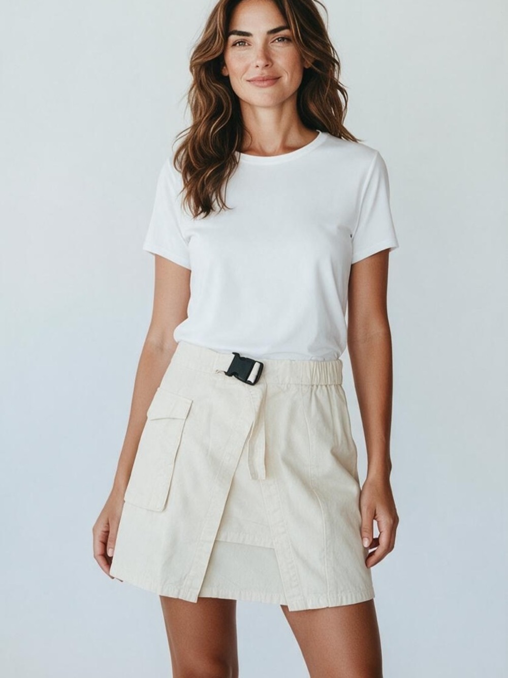 Noisy May Cream Mini Skirt with Utility Pocket and Black Buckle